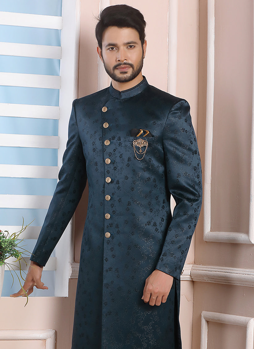 Peacock Blue Jacquard Silk Mens Indo Western