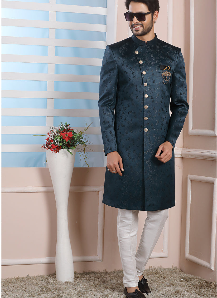 Peacock Blue Jacquard Silk Mens Indo Western