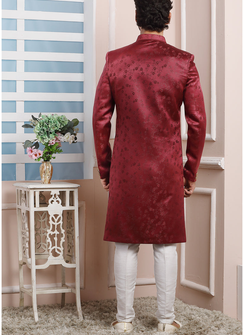 Maroon Jacquard Silk Mens Indo Western