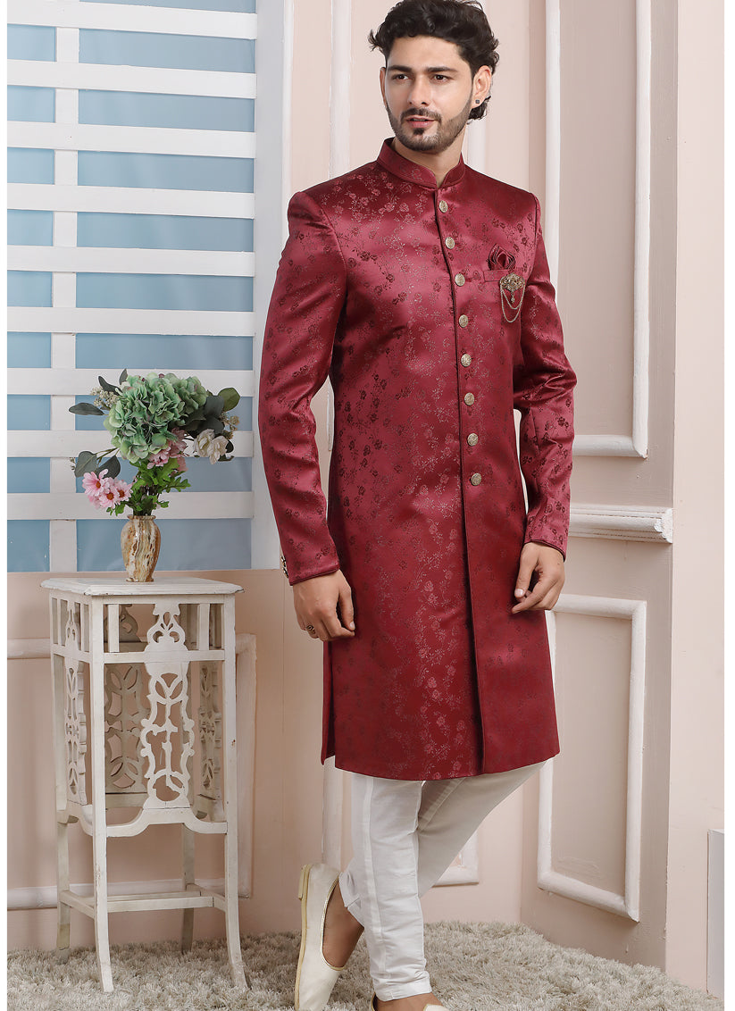 Maroon Jacquard Silk Mens Indo Western