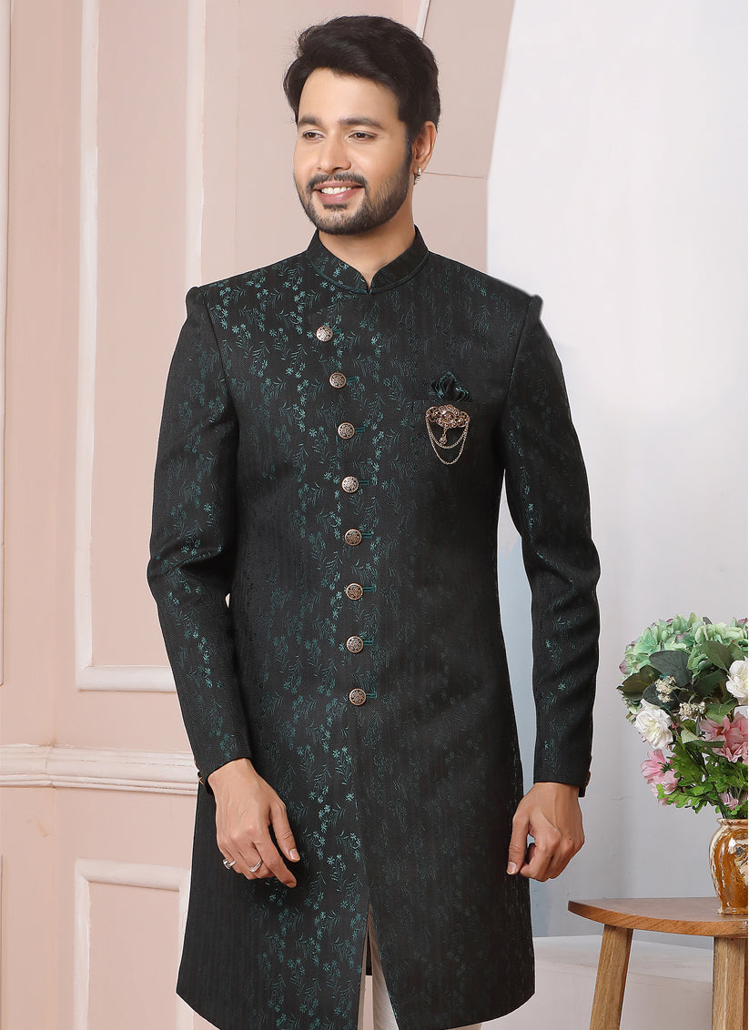 Black Jacquard Silk Mens Indo Western