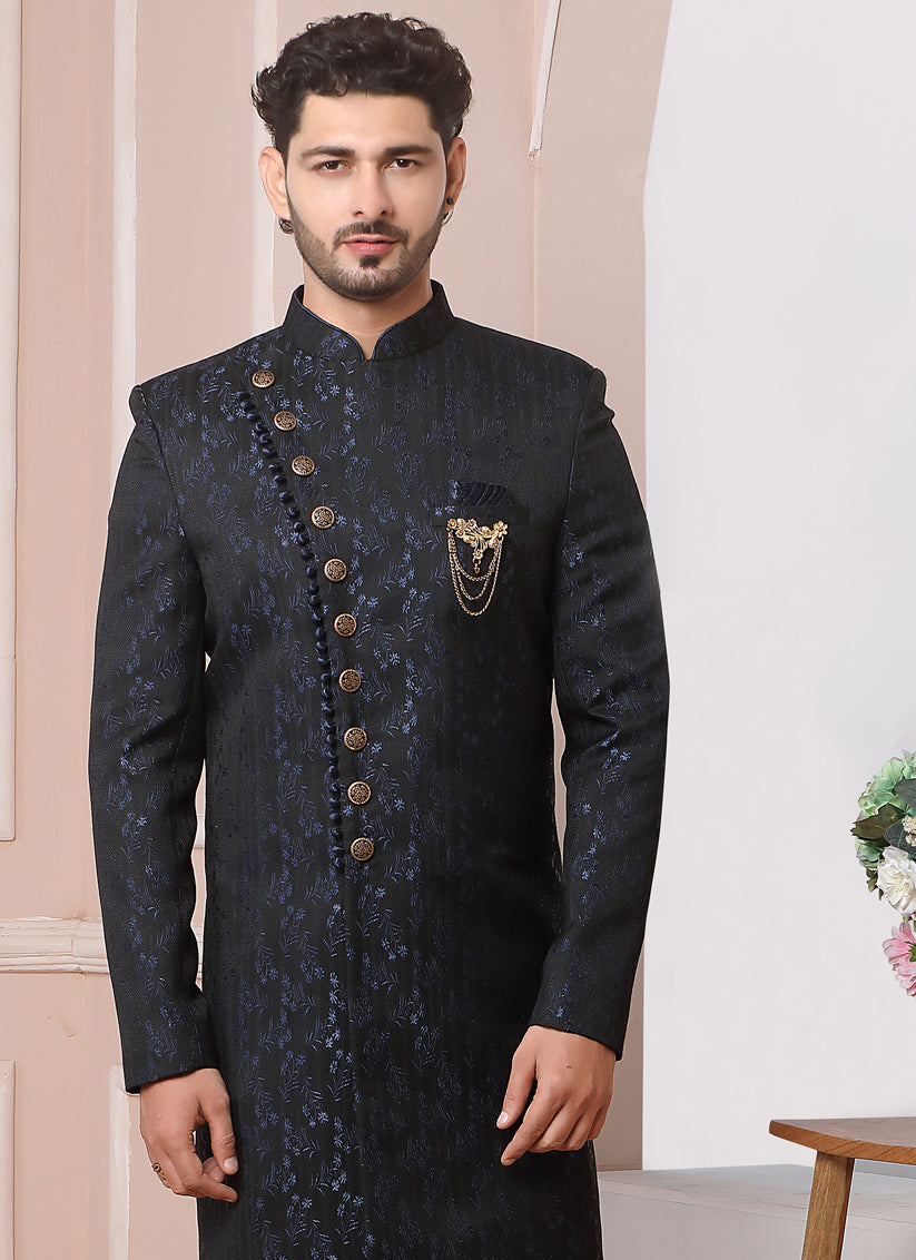 Black Jacquard Silk Mens Indo Western