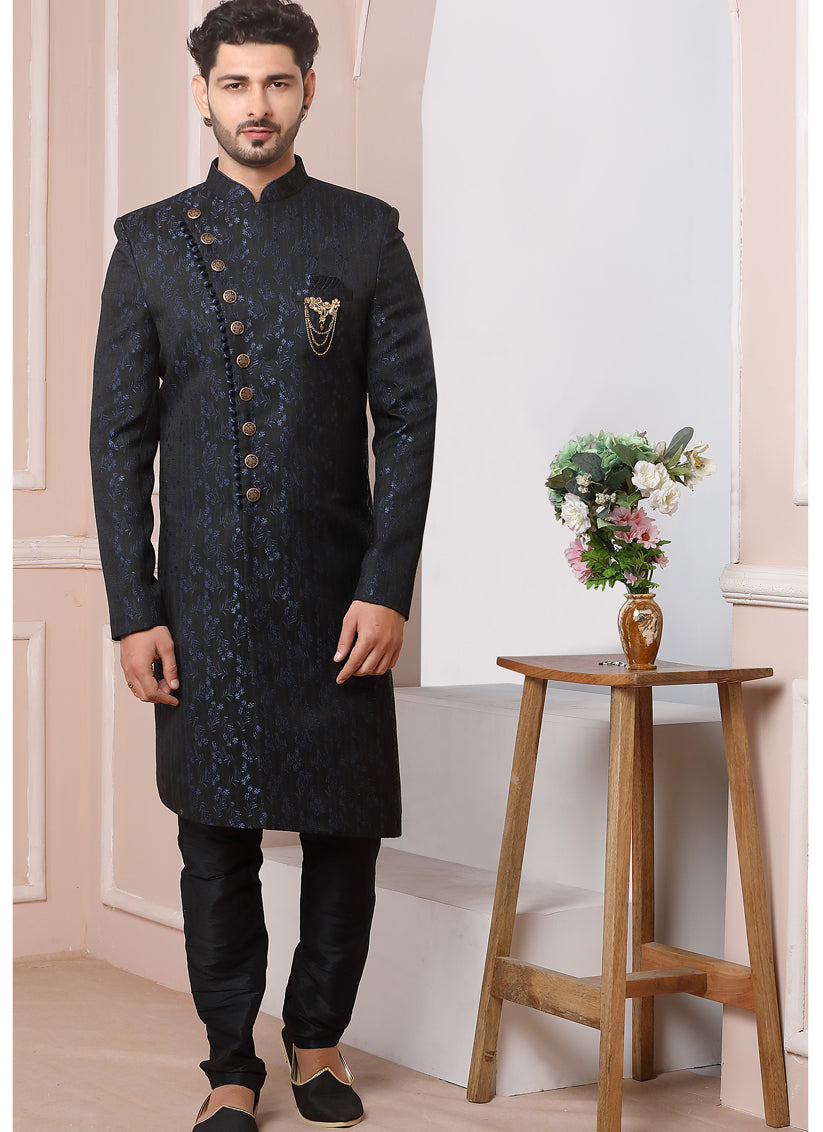 Black Jacquard Silk Mens Indo Western