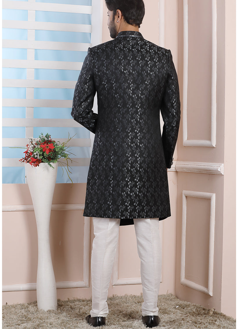 Charcoal Jacquard Silk Mens Indo Western