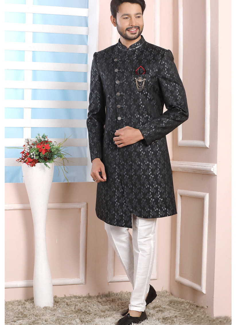 Charcoal Jacquard Silk Mens Indo Western