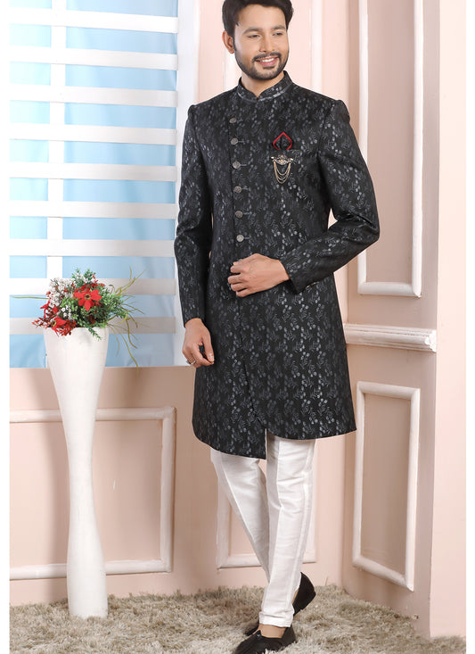 Charcoal Jacquard Silk Mens Indo Western