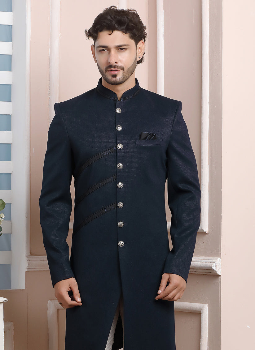 Midnight Blue Jacquard Silk Mens Indo Western