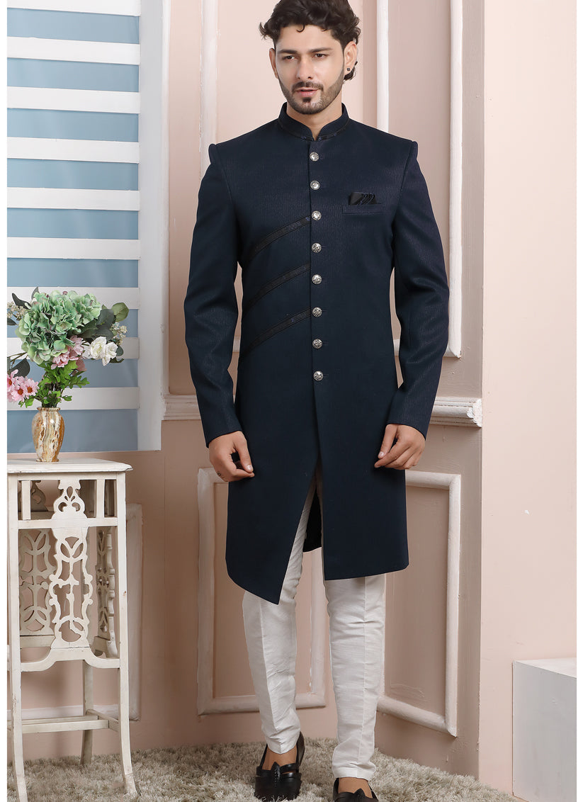 Midnight Blue Jacquard Silk Mens Indo Western