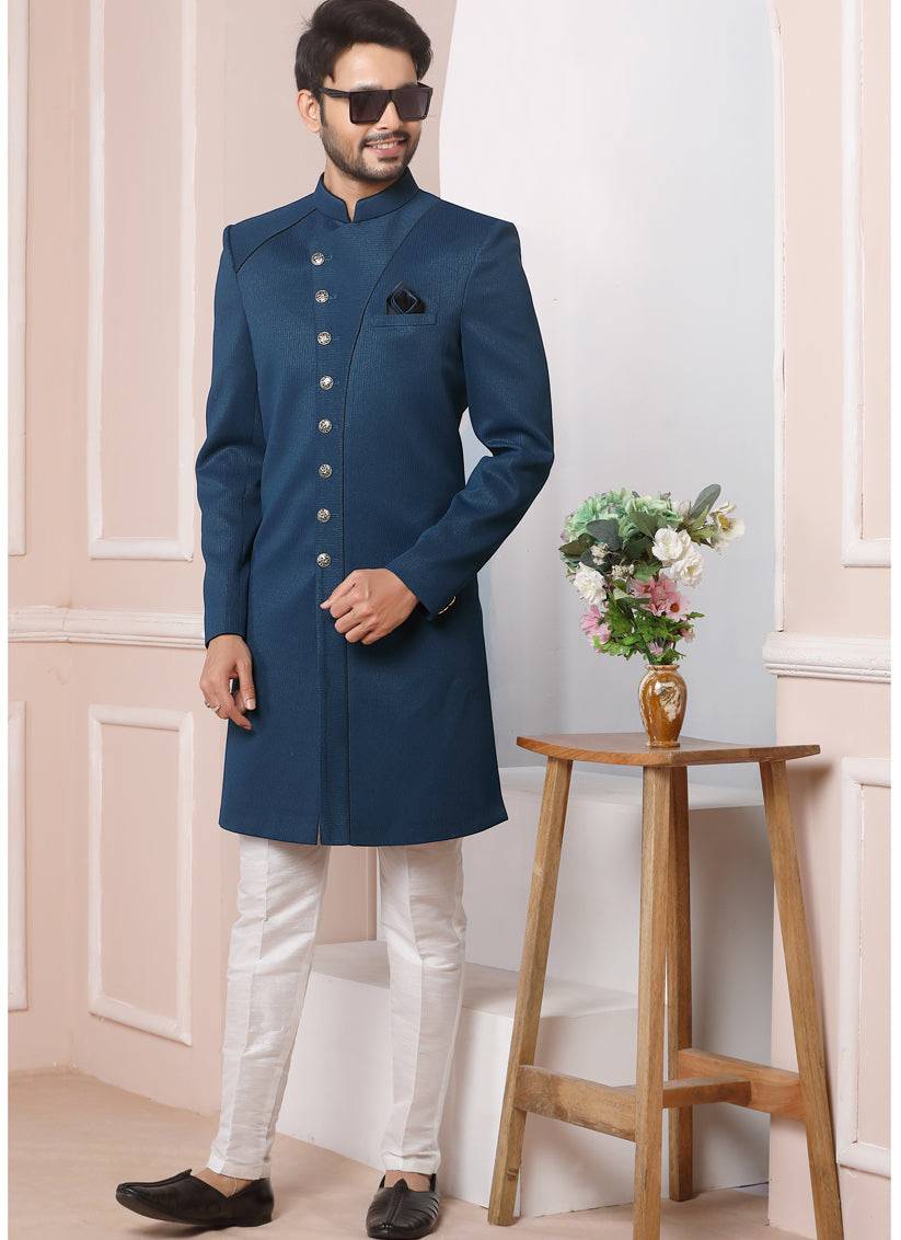 Prussian Blue Jacquard Silk Mens Indo Western