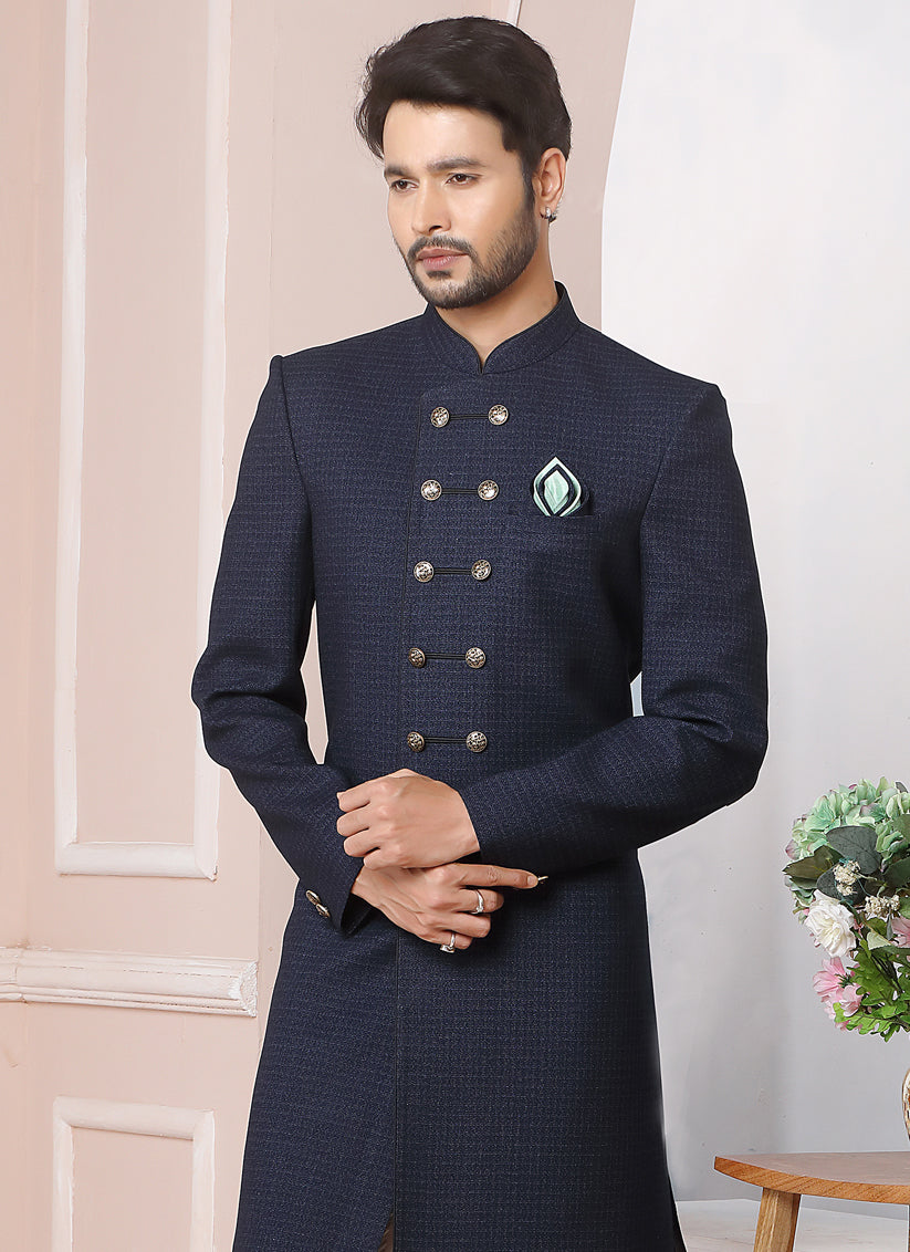 Midnight Blue Jacquard Silk Mens Indo Western