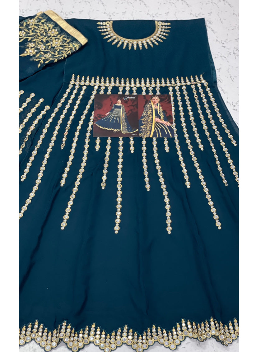 Teal Blue Georgette Embroidered Pant Kameez Set