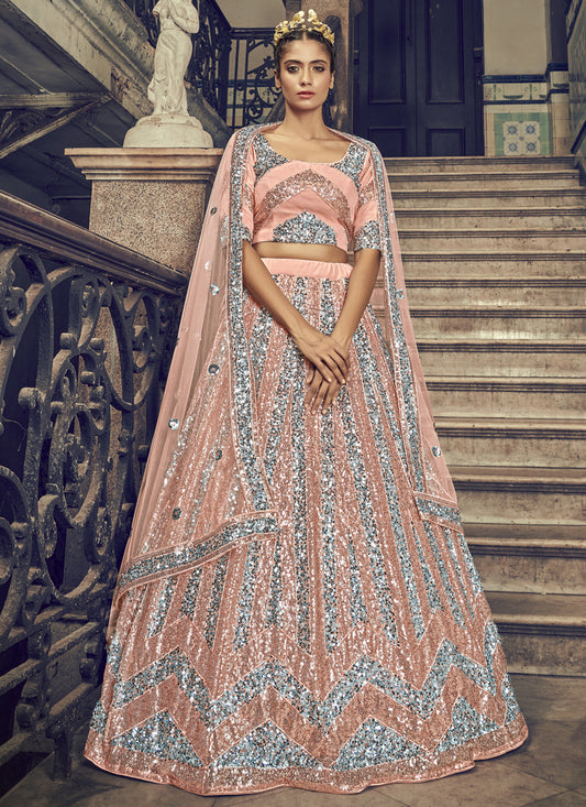 Peach Net Sequins Designer Lehenga Choli