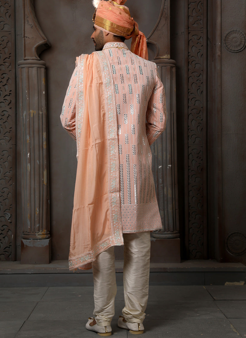 Peach Georgette Embroidered Sherwani