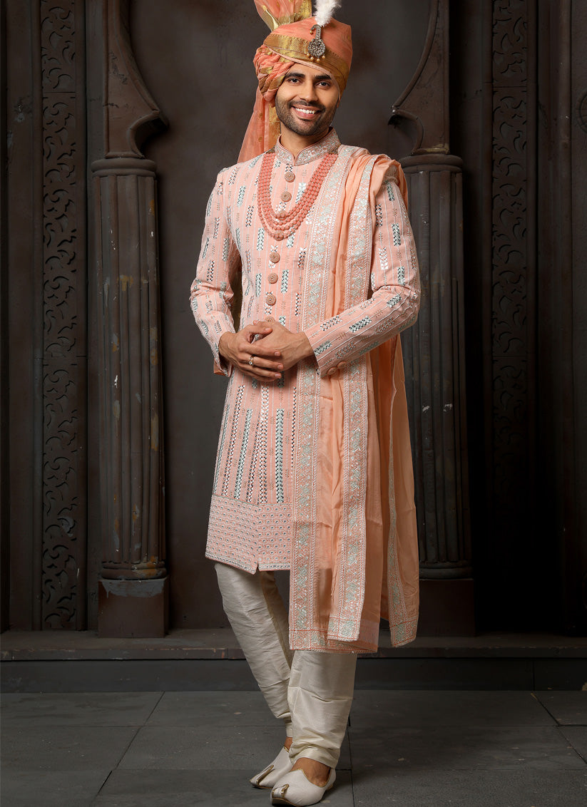 Peach Georgette Embroidered Sherwani