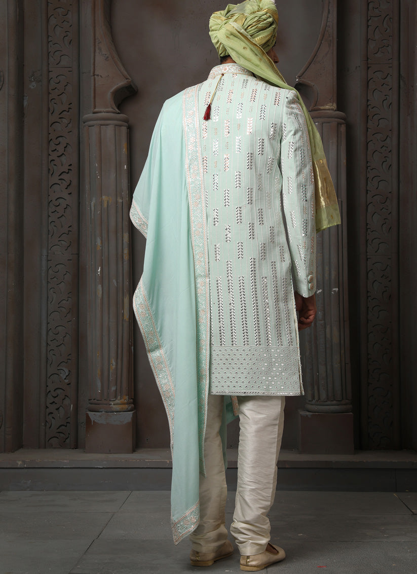 Ice Mint Georgette Embroidered Sherwani