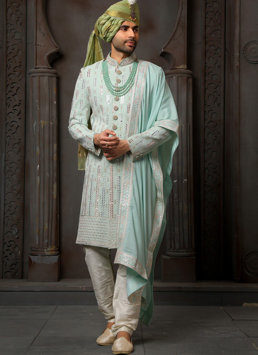 Ice Mint Georgette Embroidered Sherwani