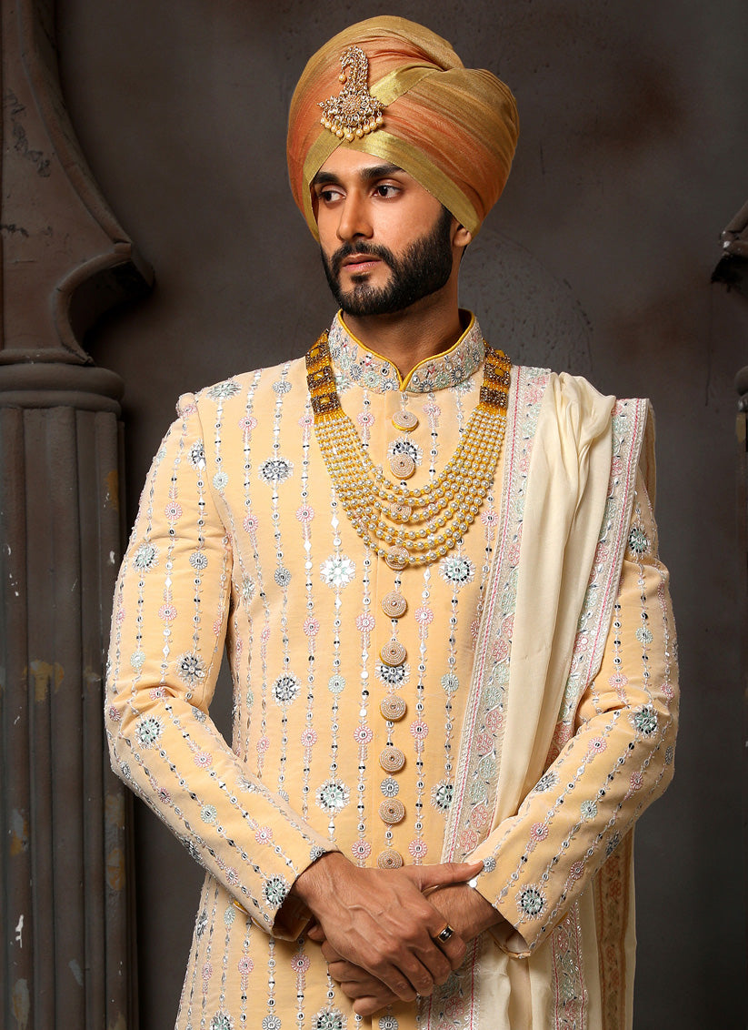 Yellow Georgette Embroidered Sherwani