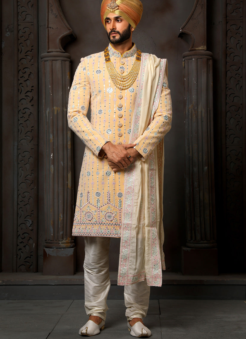 Yellow Georgette Embroidered Sherwani