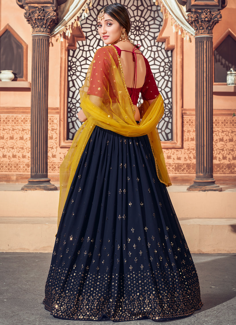 Navy Blue Georgette Sequins Work Wedding Lehenga Choli