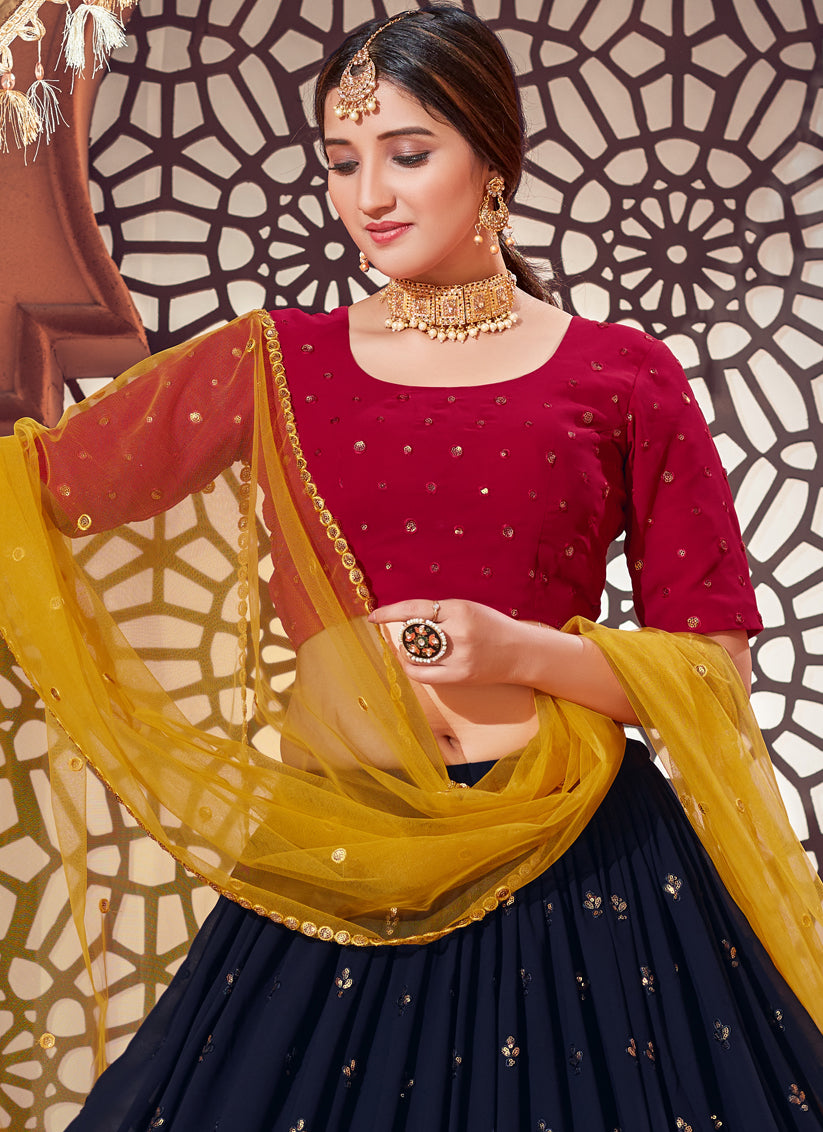 Navy Blue Georgette Sequins Work Wedding Lehenga Choli