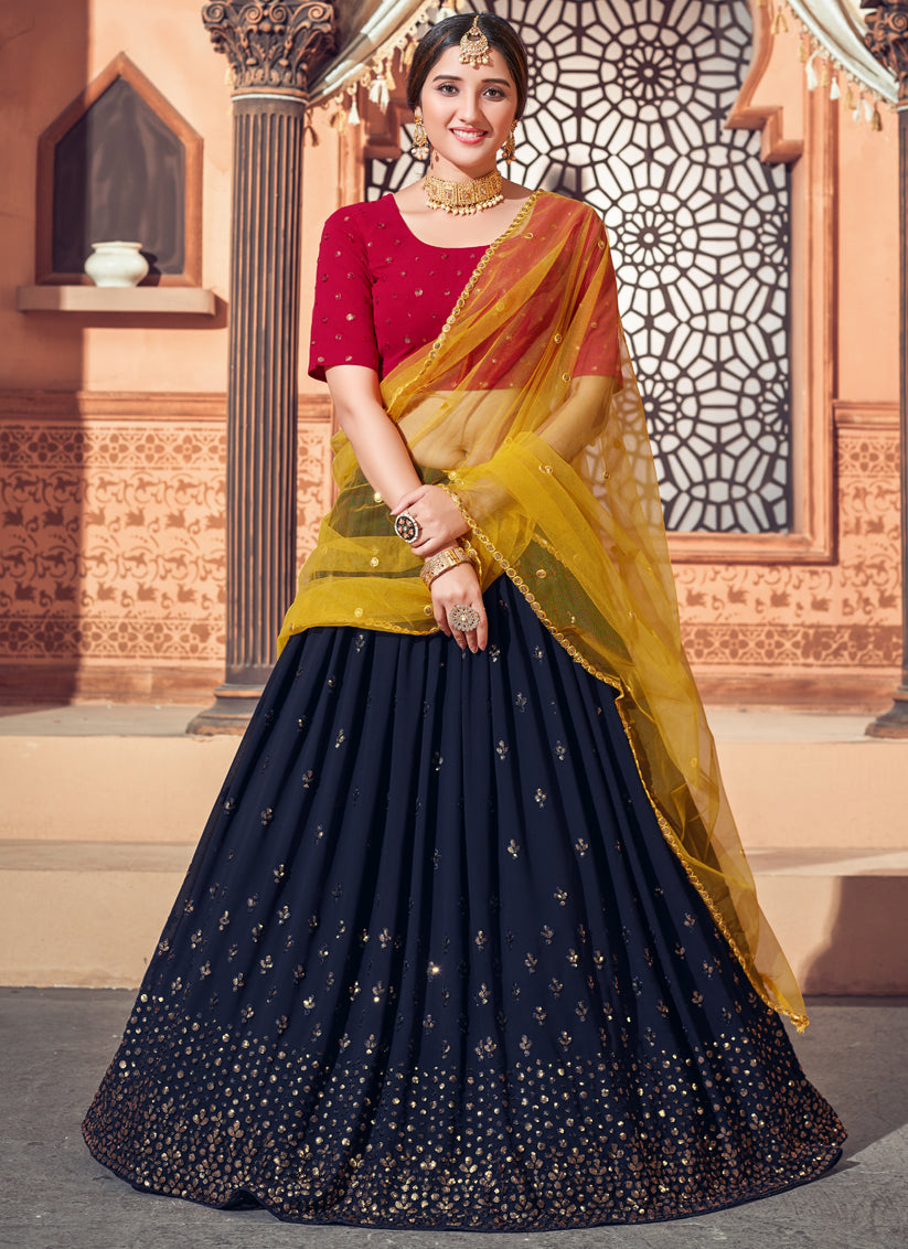 Navy Blue Georgette Sequins Work Wedding Lehenga Choli