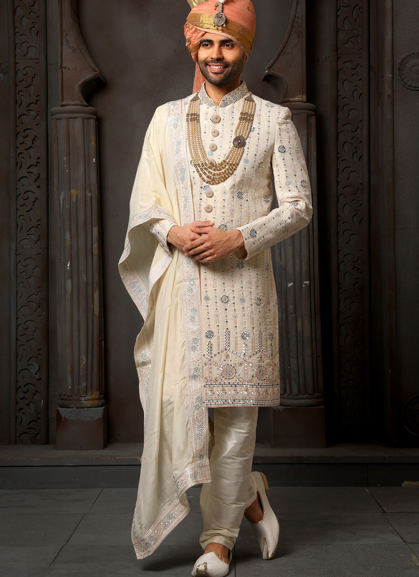 Cream Georgette Embroidered Sherwani