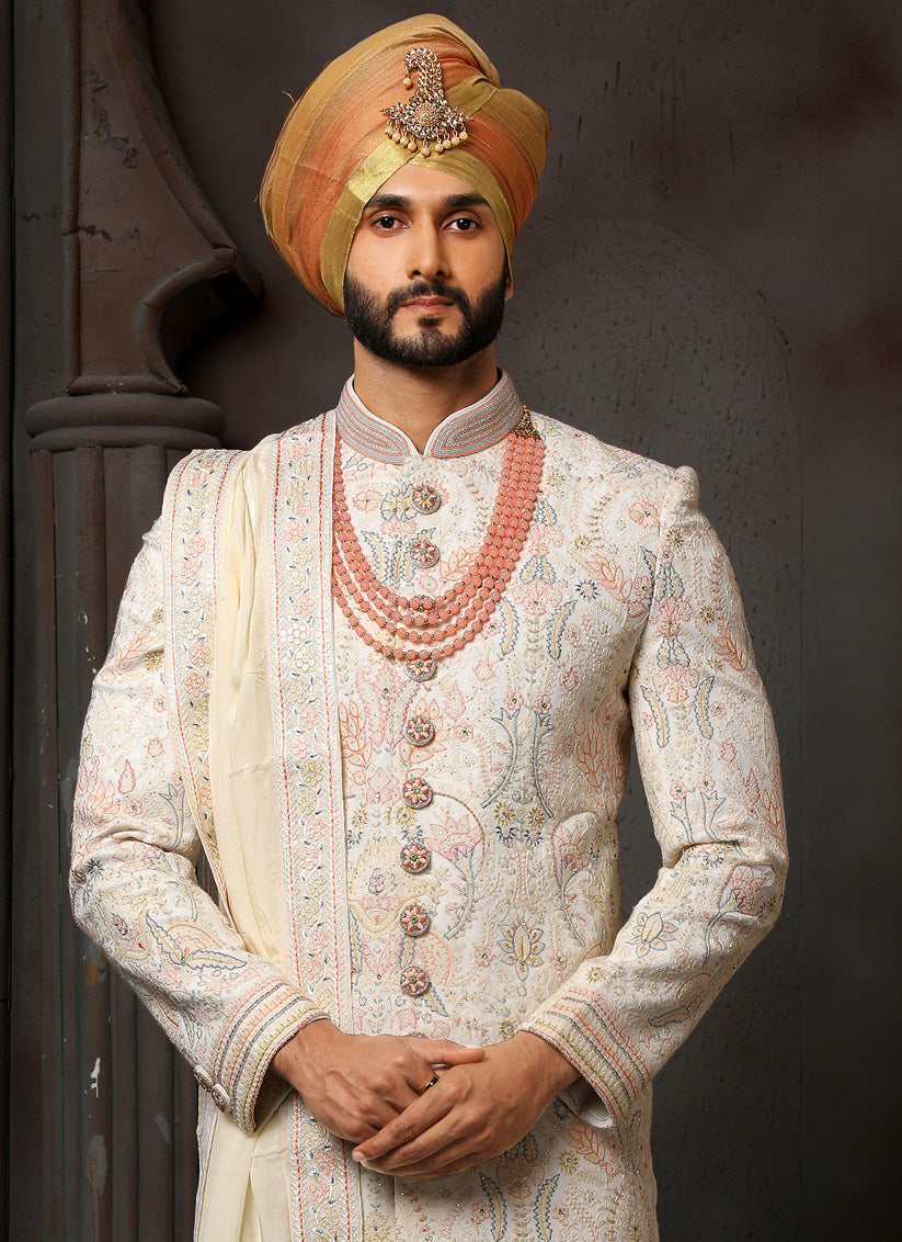 Cream Georgette Embroidered Sherwani