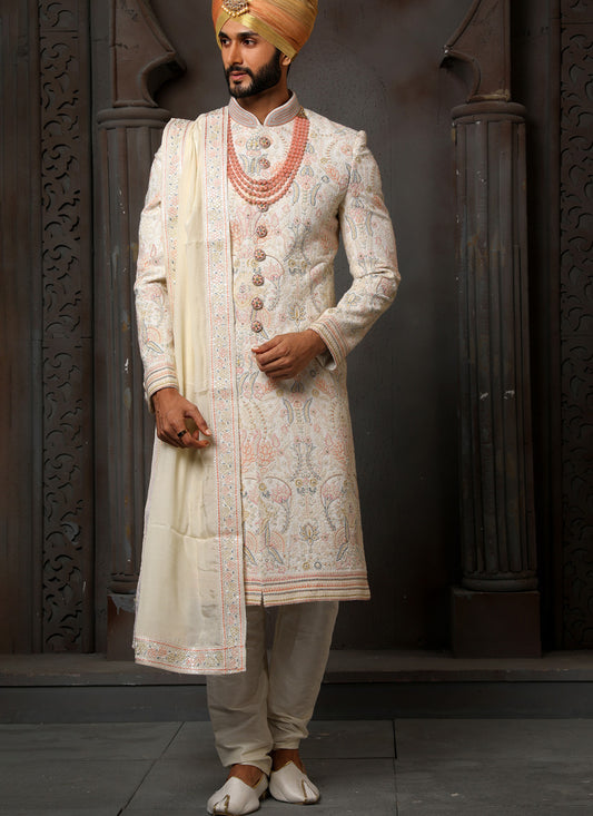 Cream Georgette Embroidered Sherwani