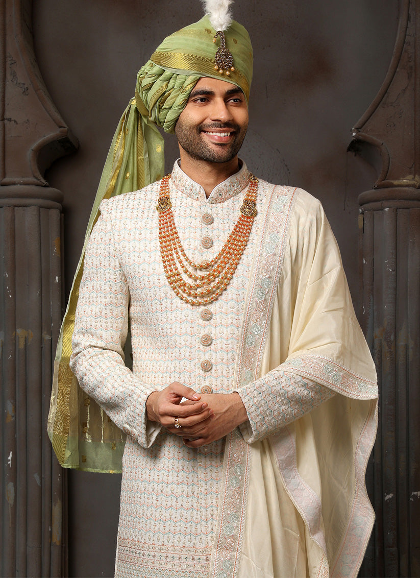 Cream Georgette Embroidered Sherwani