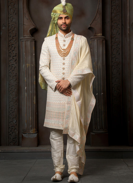 Cream Georgette Embroidered Sherwani