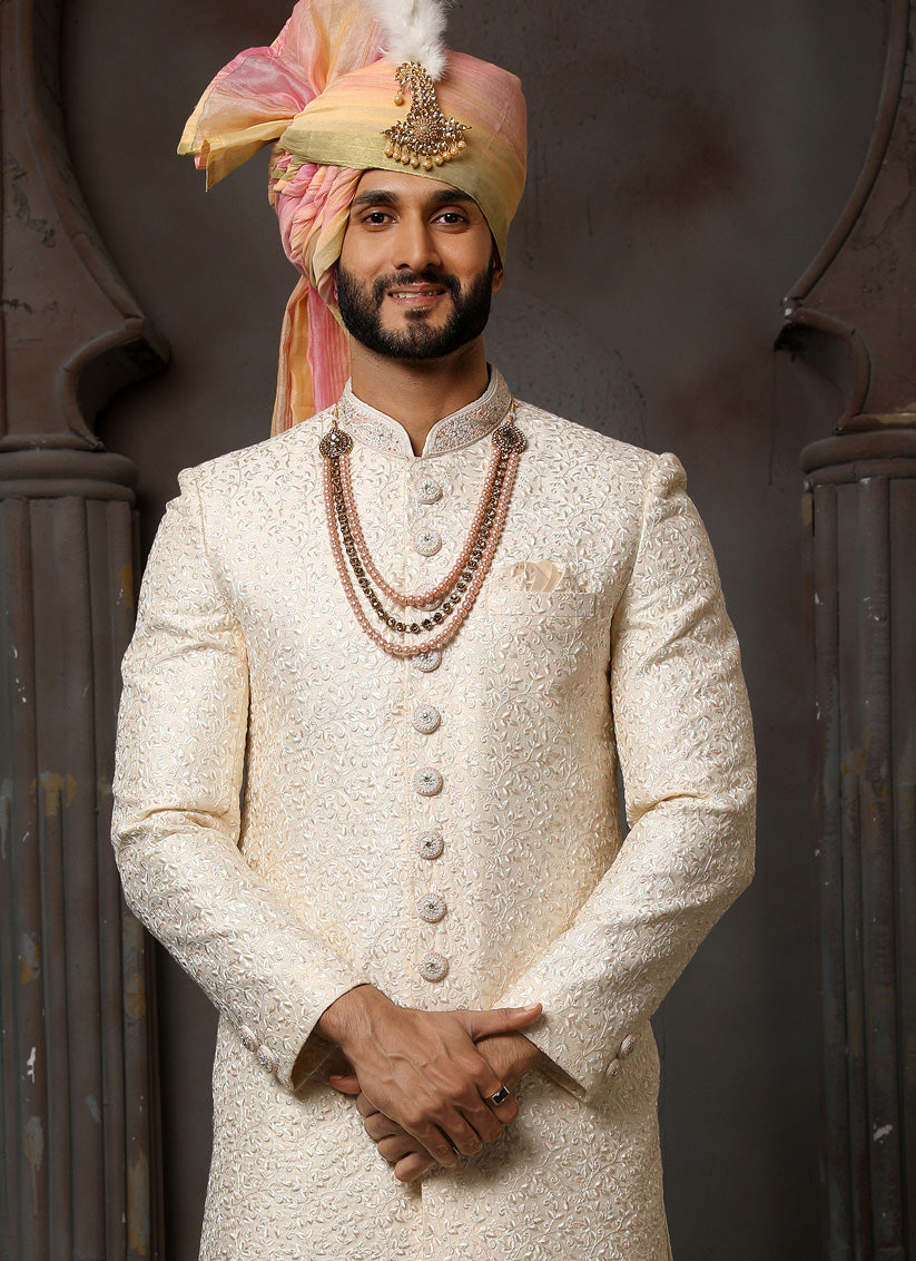 Cream Art Silk Embroidered Sherwani