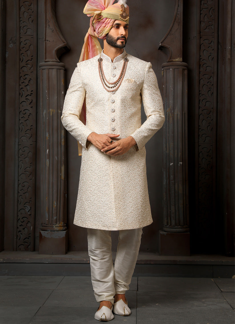 Cream Art Silk Embroidered Sherwani