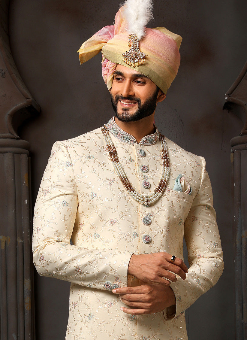 Cream Art Silk Embroidered Sherwani