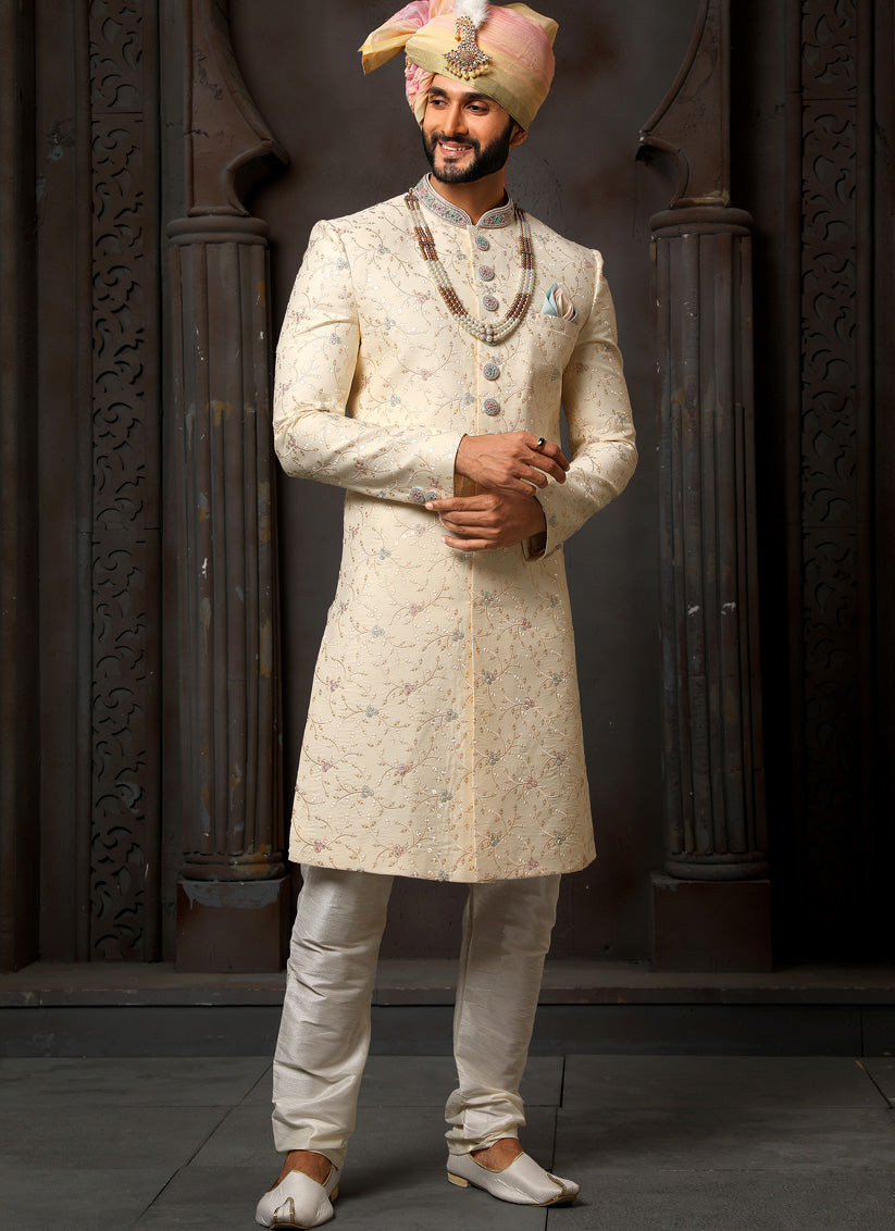 Cream Art Silk Embroidered Sherwani