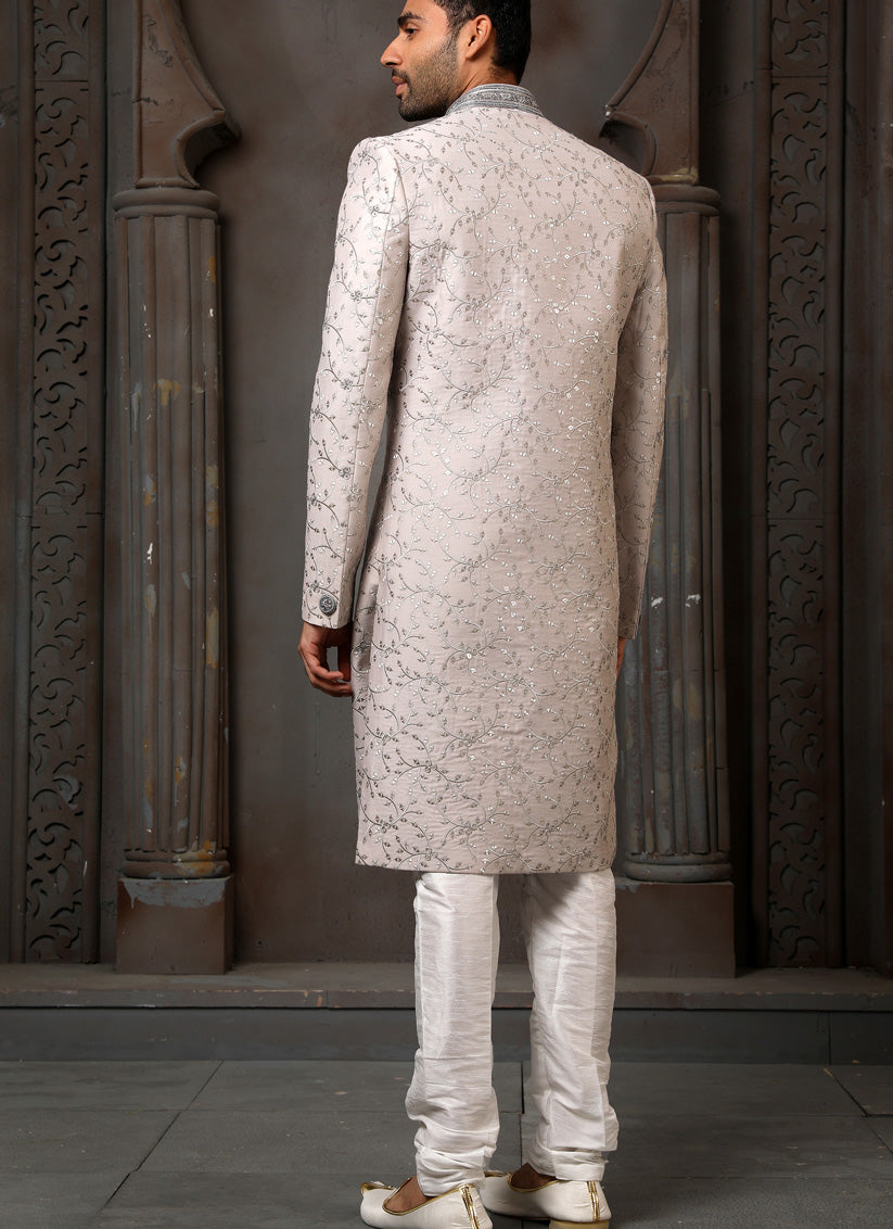 Dusty Grey Art Silk Embroidered Sherwani