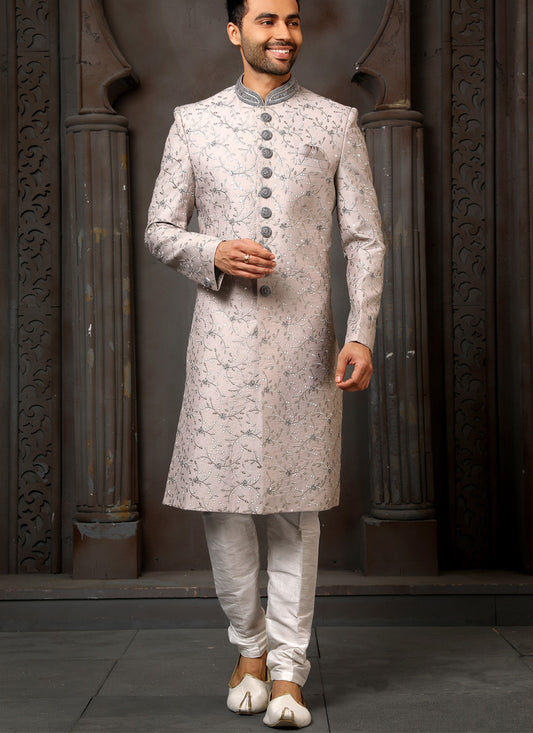 Dusty Grey Art Silk Embroidered Sherwani