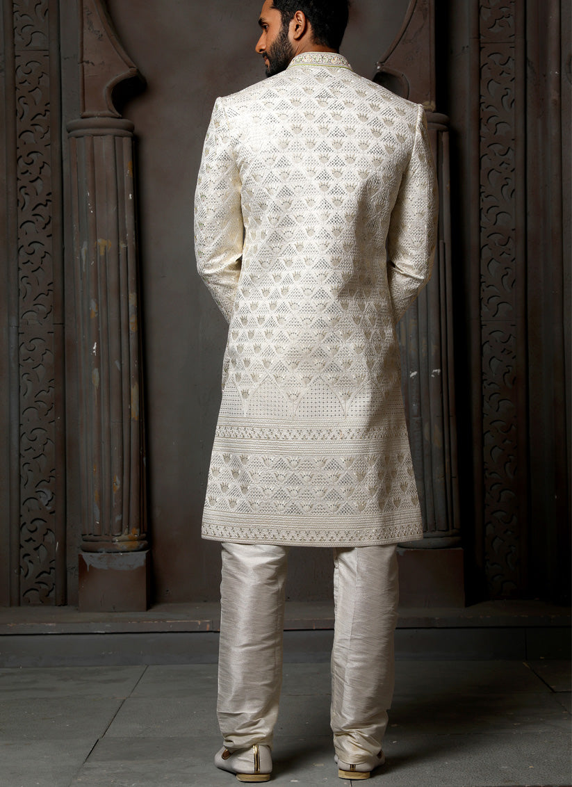 Pearl White Art Silk Embroidered Sherwani