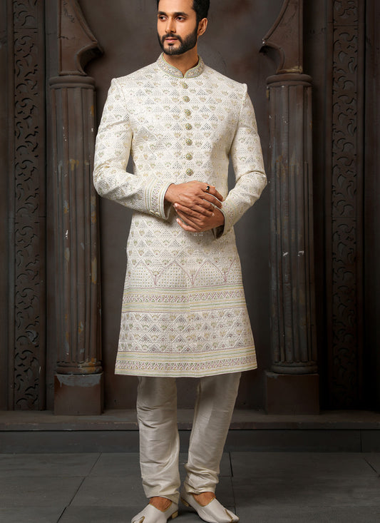 Pearl White Art Silk Embroidered Sherwani