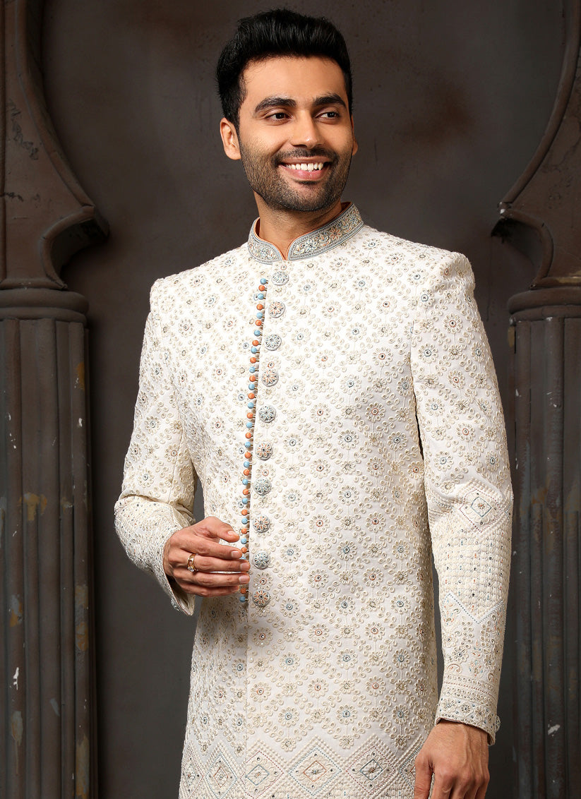 Off White Georgette Embroidered Sherwani