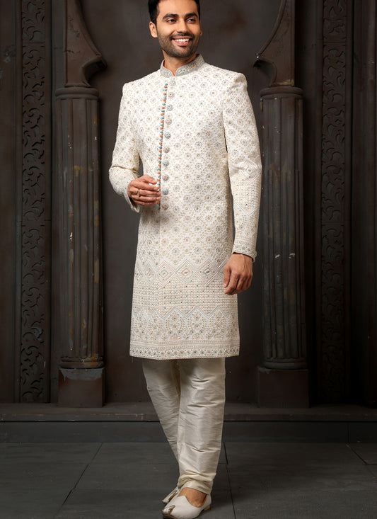 Off White Georgette Embroidered Sherwani