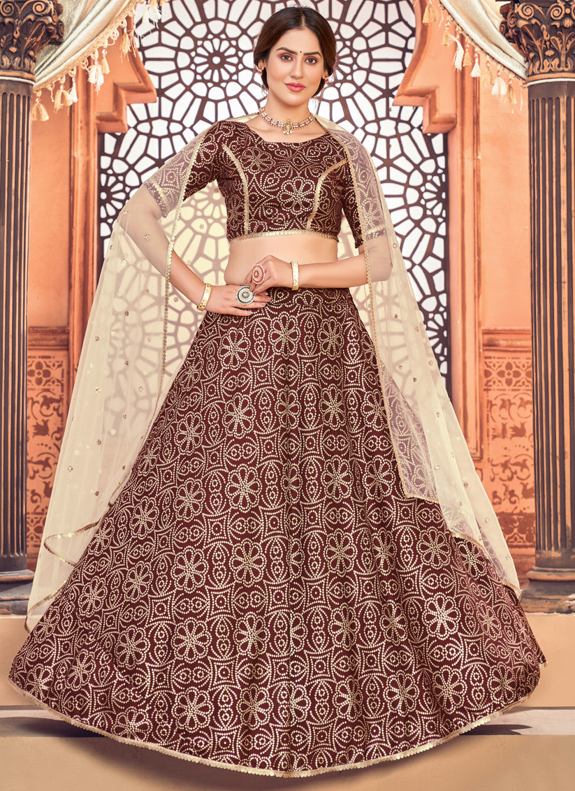 Garnet Maroon Taffeta Silk Wedding Lehenga Choli