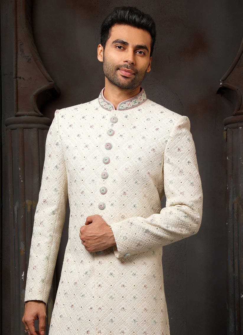 Off White Georgette Embroidered Sherwani