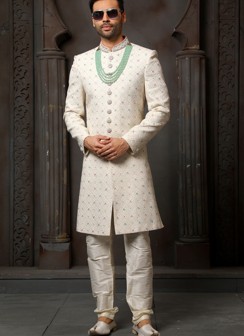 Off White Georgette Embroidered Sherwani