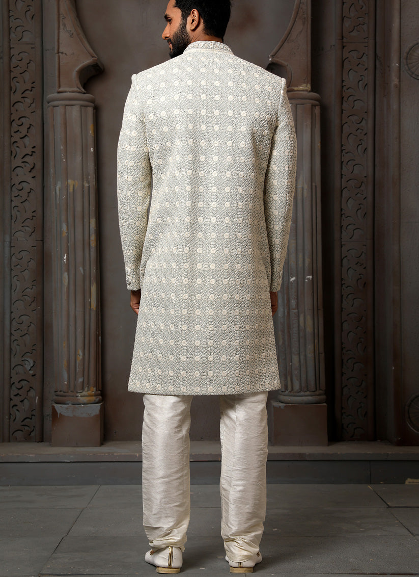 Pearl Grey Art Silk Embroidered Sherwani