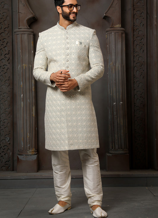 Pearl Grey Art Silk Embroidered Sherwani