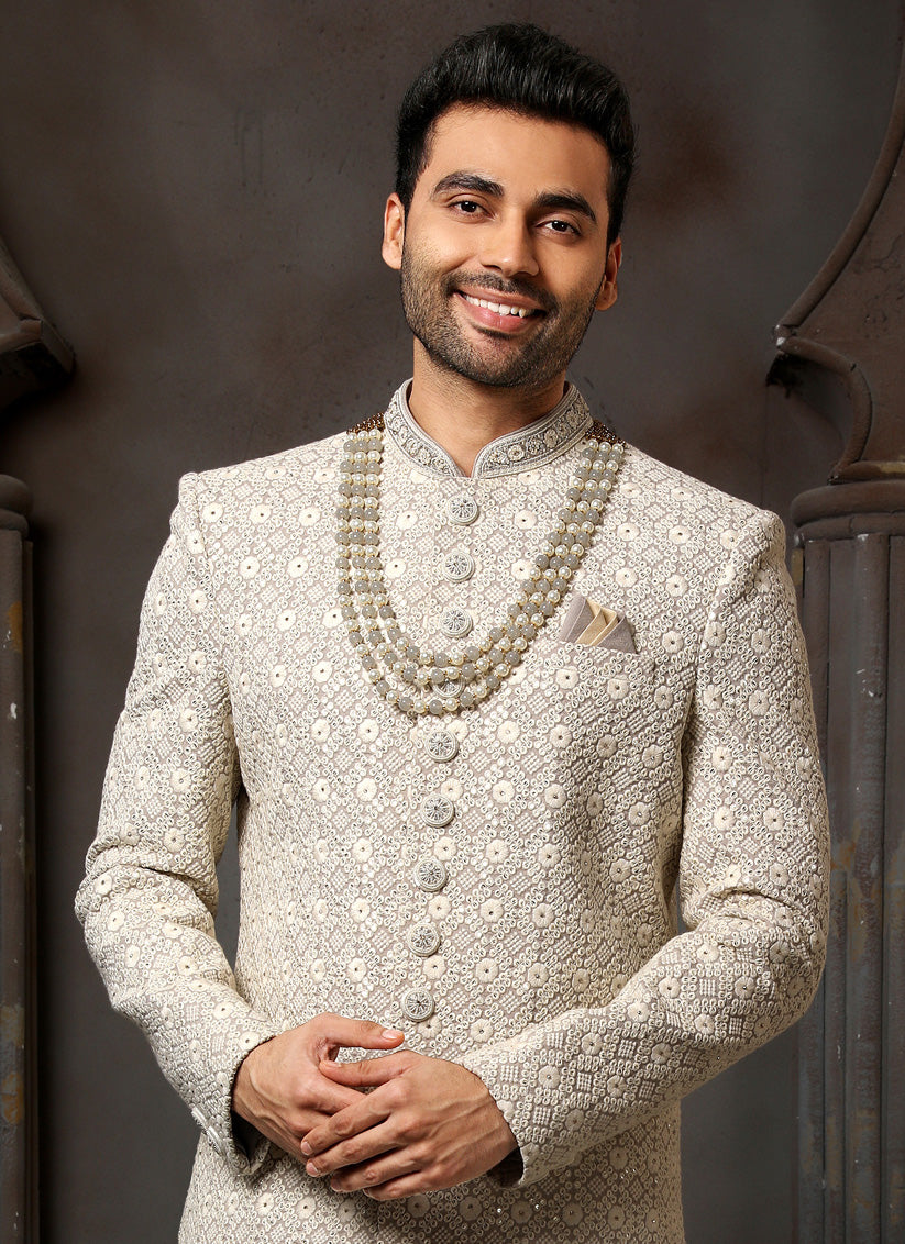 Ash Grey Art Silk Embroidered Sherwani