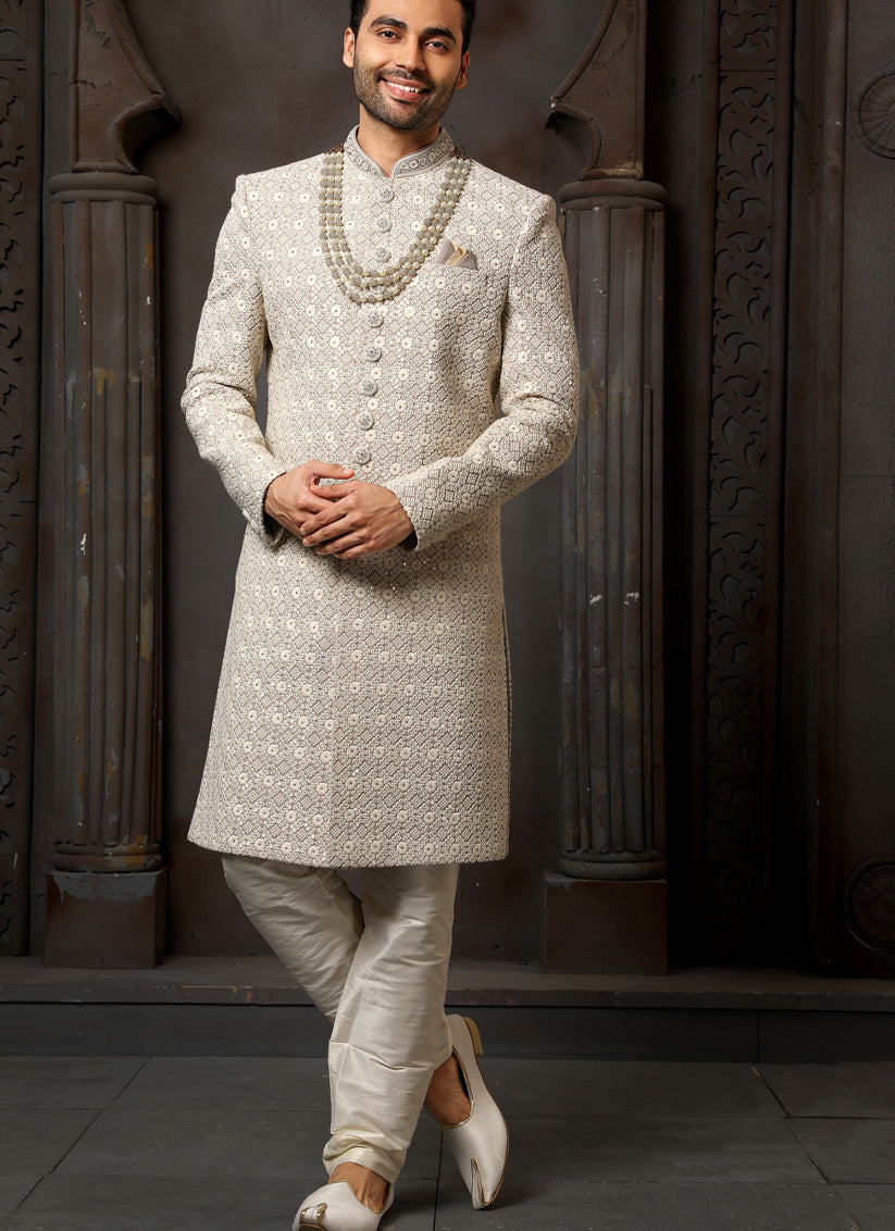 Ash Grey Art Silk Embroidered Sherwani