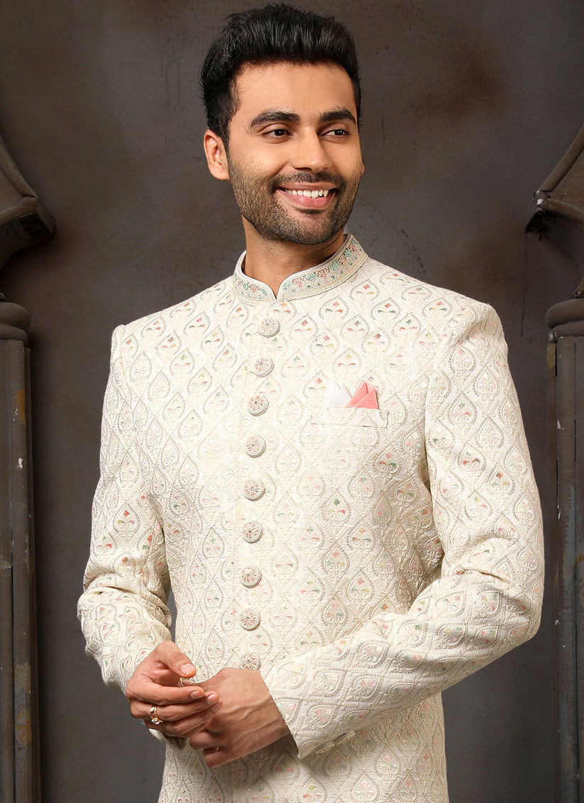 Ivory Art Silk Embroidered Sherwani