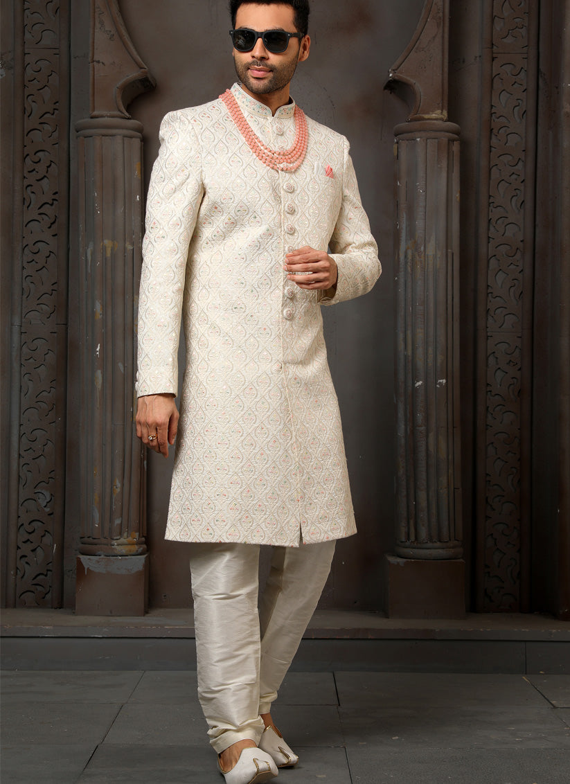 Ivory Art Silk Embroidered Sherwani