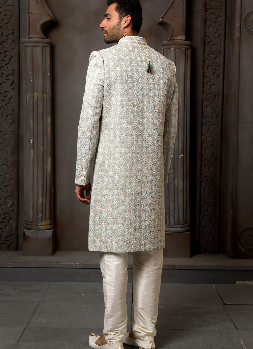 Pearl Grey Art Silk Embroidered Sherwani